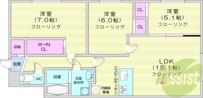 3LDK、都市ガス、エアコン、システムキッチン、追い焚き