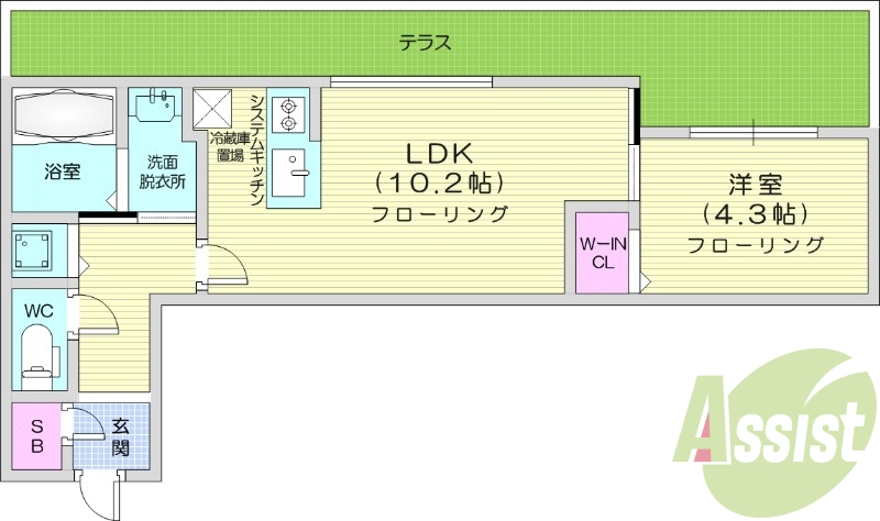 1LDK、システムキッチン、エアコン、都市ガス