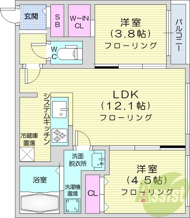 2LDK、都市ガス、エアコン、ガス暖房、ネット無料