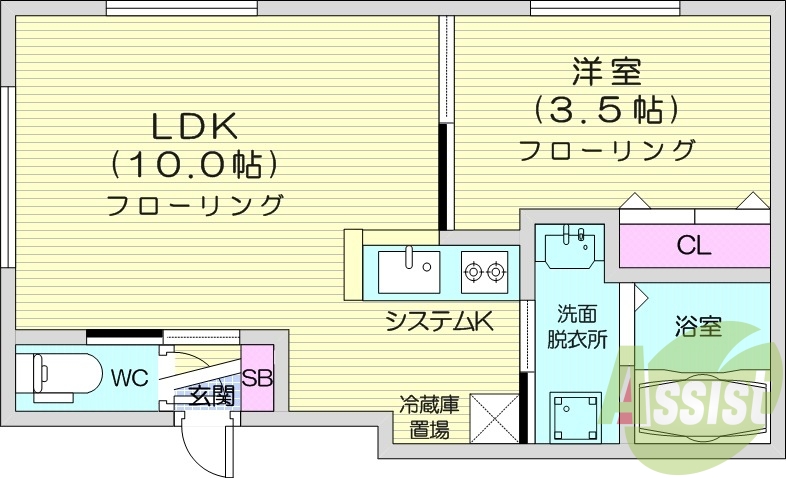 1LDK、エアコン、システムキッチン、ネット無料