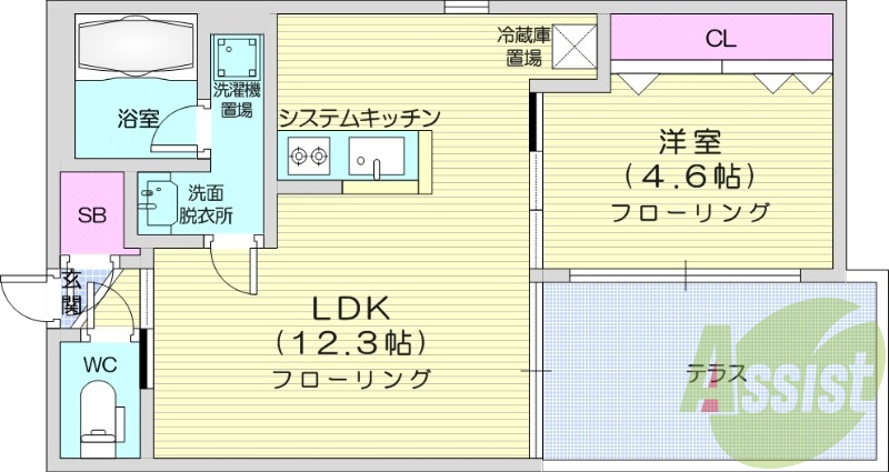 1LDK、エアコン、ネット無料、システムキッチン