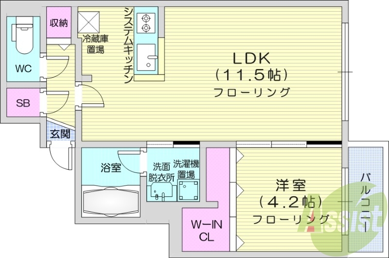 1LDK、エアコン、ネット無料、システムキッチン
