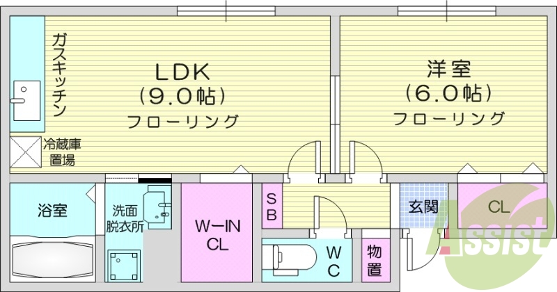1LDK、角部屋、灯油暖房、独立洗面台、収納
