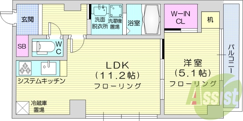 1LDK、ウォークインクローゼット、洗面脱衣所