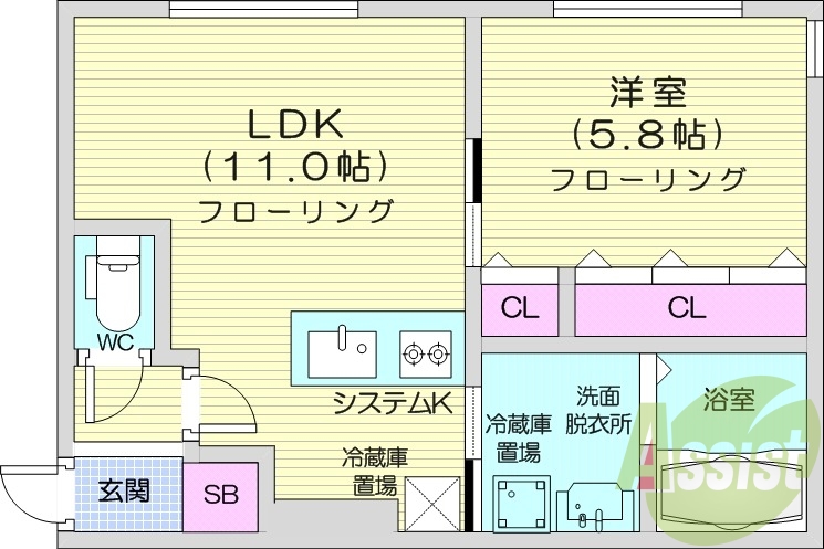 1LDK、都市ガス、エアコン、システムキッチン