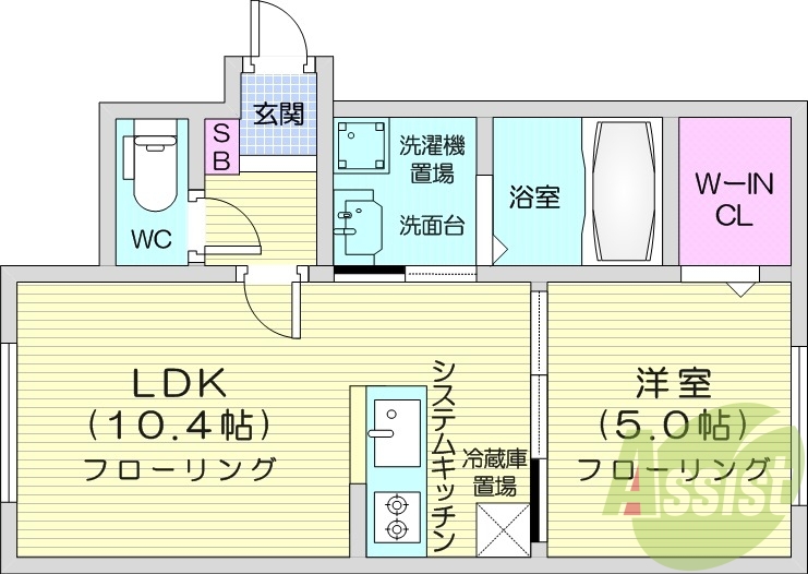 1LDK、都市ガス、ペット可、エアコン、顔認証オートロック