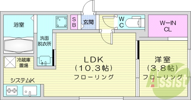 1LDK、エアコン、システムキッチン、浴室乾燥機