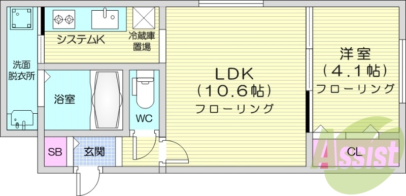 1LDK、エアコン、システムキッチン、浴室乾燥機