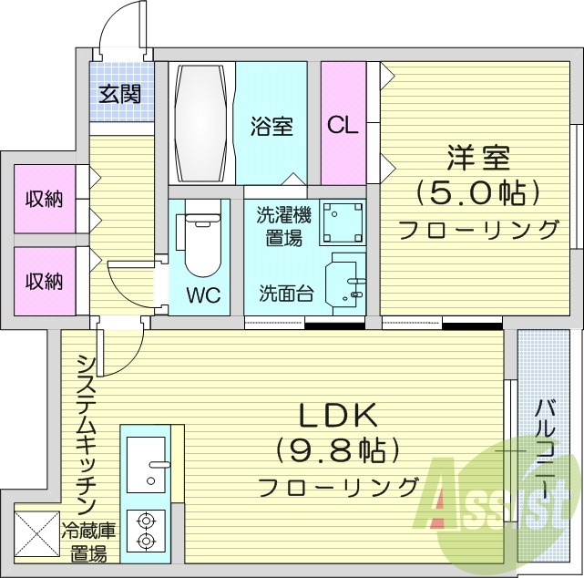 1LDK、都市ガス、ペット可、エアコン、顔認証オートロック