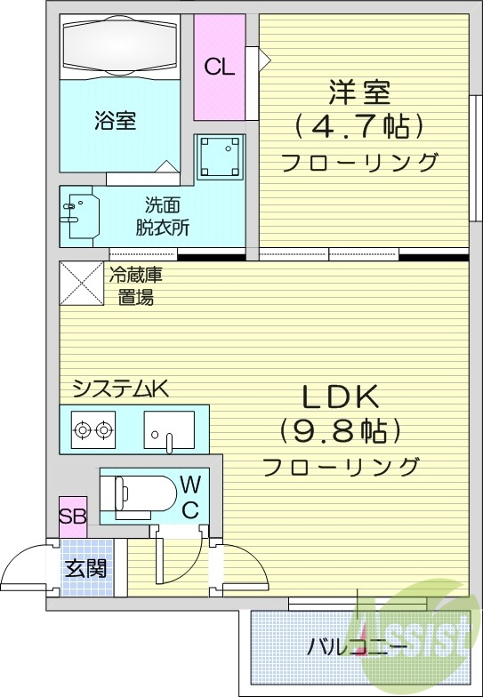 1LDK、システムキッチン、ネット無料、ガスリミット