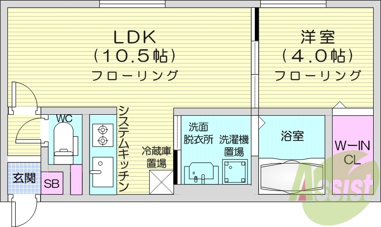 1LDK、エアコン、灯油暖房、システムキッチン