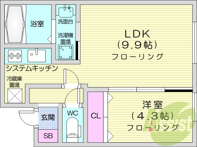 1LDK、エアコン、灯油暖房、システムキッチン