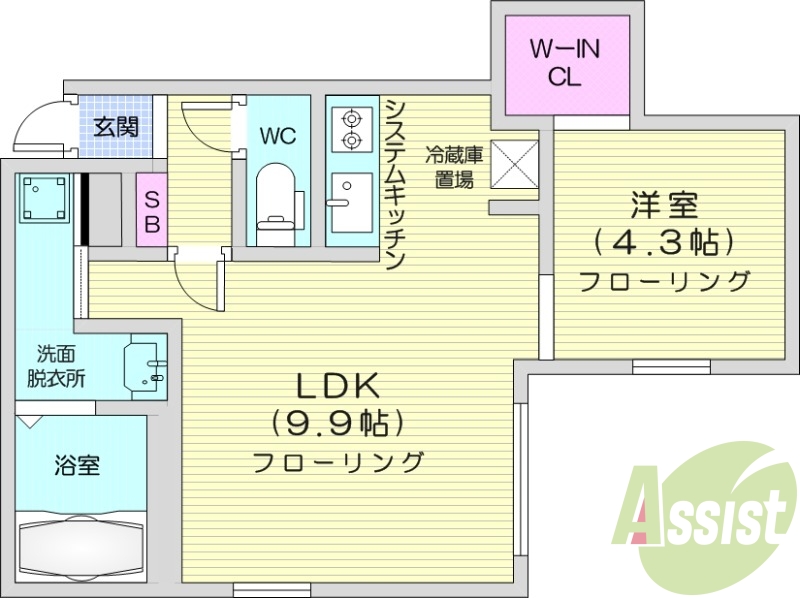 1LDK、エアコン、システムキッチン、浴室乾燥機