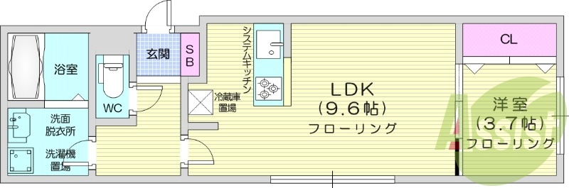 1LDK、エアコン、独立洗面台、システムキッチン、