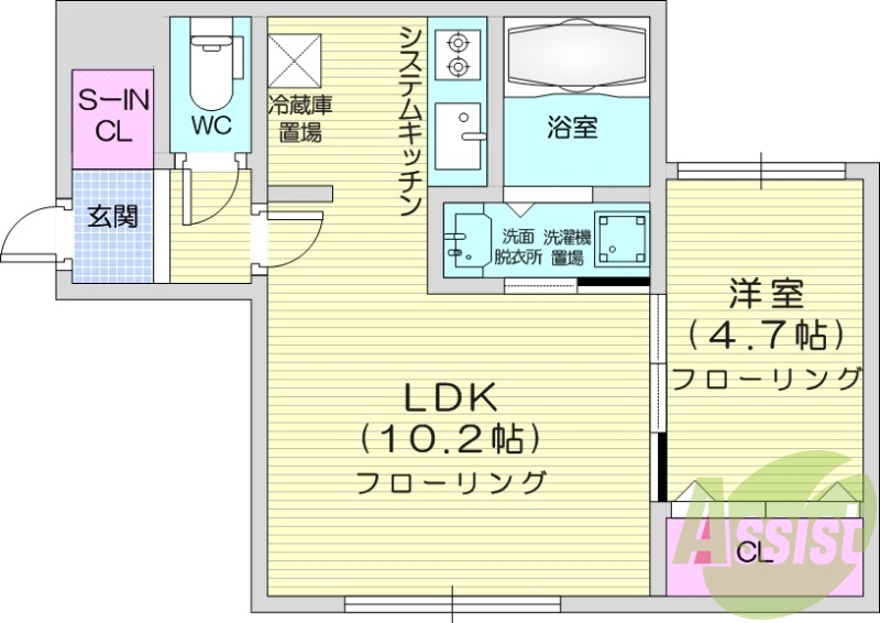 1LDK、エアコン、独立洗面台、システムキッチン、