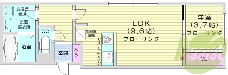 1LDK、エアコン、独立洗面台、システムキッチン、