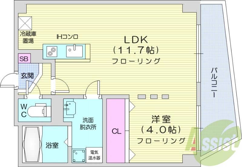 1LDK、オール電化、エアコン、バストイレ別