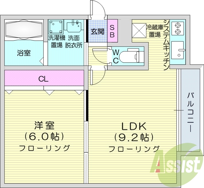 1LDK、システムキッチン、バルコニー、エアコン