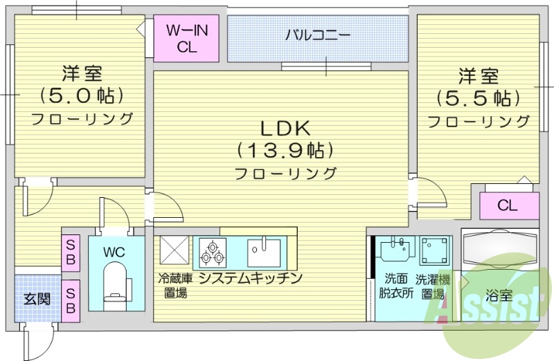 2LDK、都市ガス、浴室乾燥機、システムキッチン
