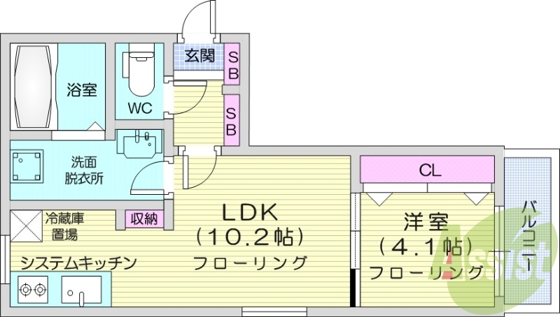 1LDK、都市ガス、システムキッチン、浴室乾燥機