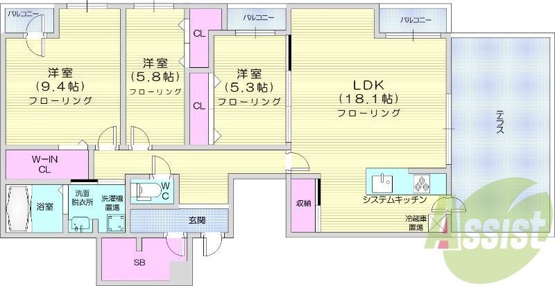 3LDK、都市ガス、システムキッチン、独立洗面台
