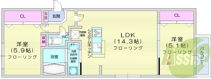 2LDK、ガスリミット、エアコン、システムキッチン