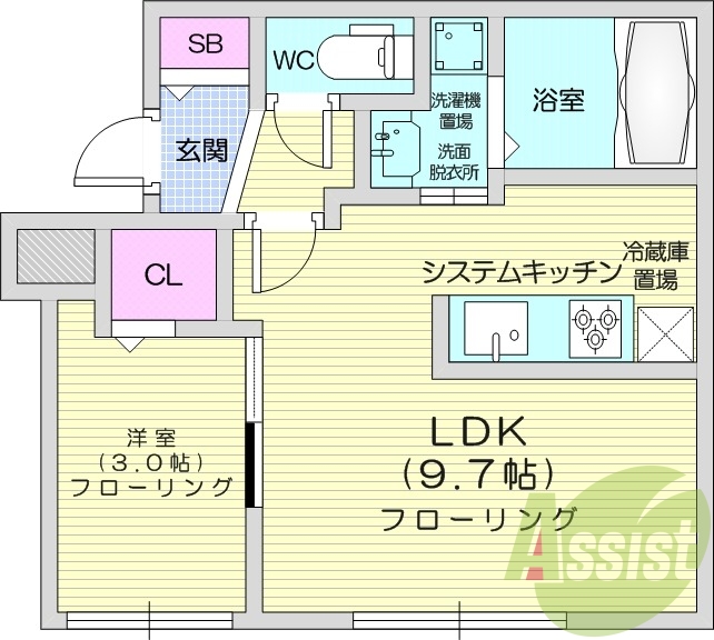 1LDK、エアコン、システムキッチン、浴室乾燥機