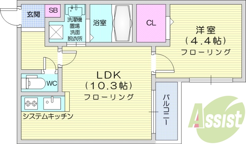 1LDK、システムキッチン、都市ガス、エアコン