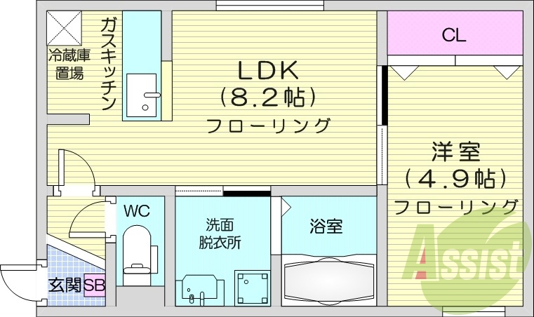 1LDK、都市ガス、エアコン、浴室乾燥機、ネット無料