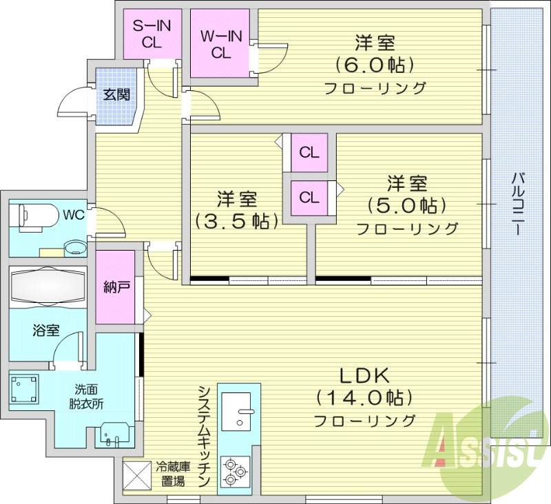 3LDK、システムキッチン、都市ガス、追い焚き