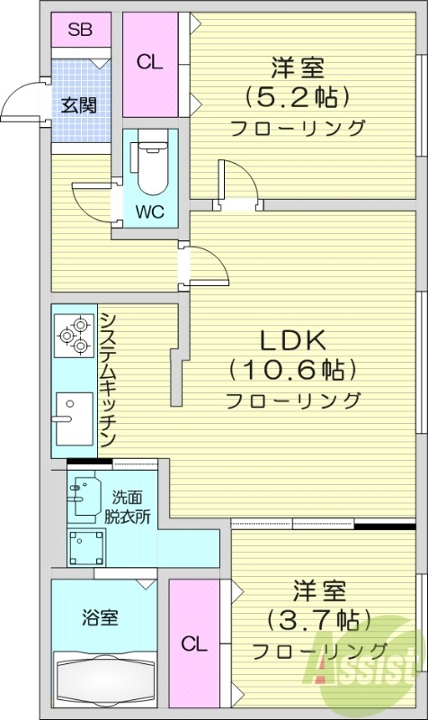 2LDK、都市ガス、エアコン、システムキッチン、浴室乾燥機