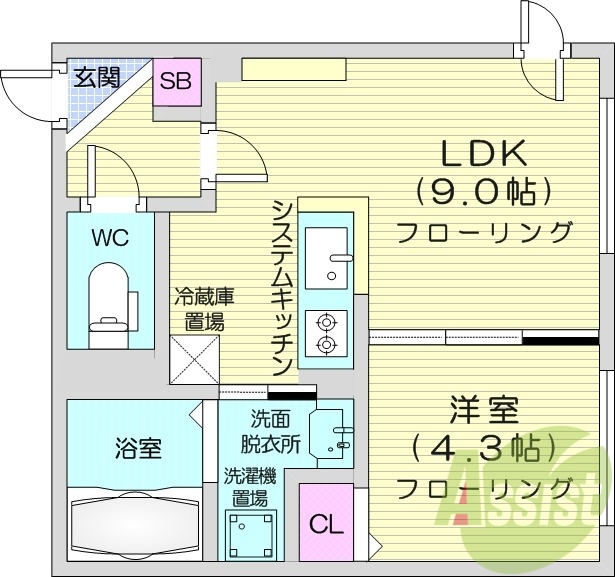 1LDK、都市ガス、エアコン、独立洗面台、システムキッチン
