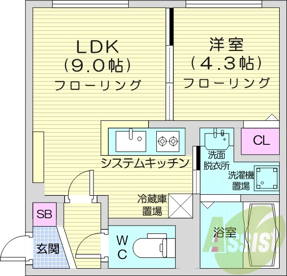 1LDK、都市ガス、エアコン、独立洗面台、システムキッチン