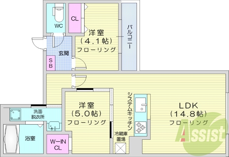 2LDK、エアコン、システムキッチン、独立洗面台、ネット無料