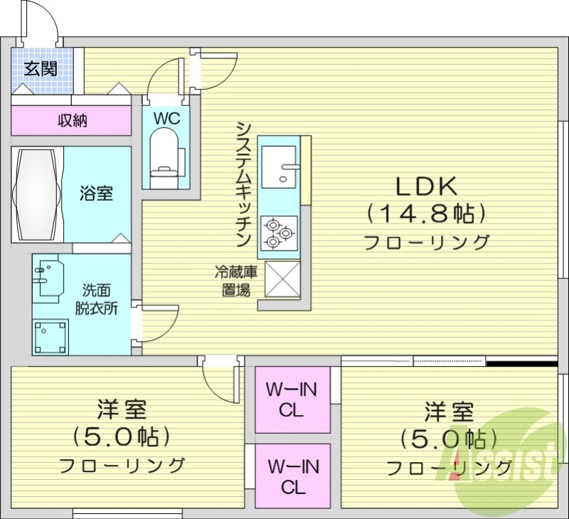 2LDK、エアコン、独立洗面台、システムキッチン、ネット無料