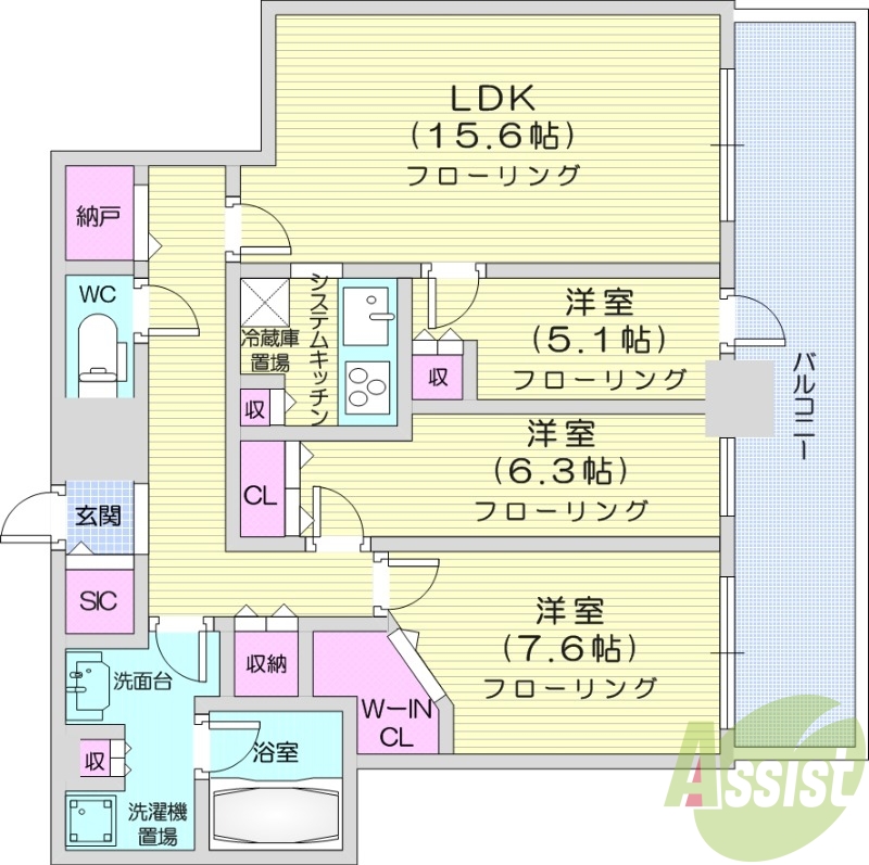 3LDK、IHシステムキッチン、追い焚き、ディスポーザー