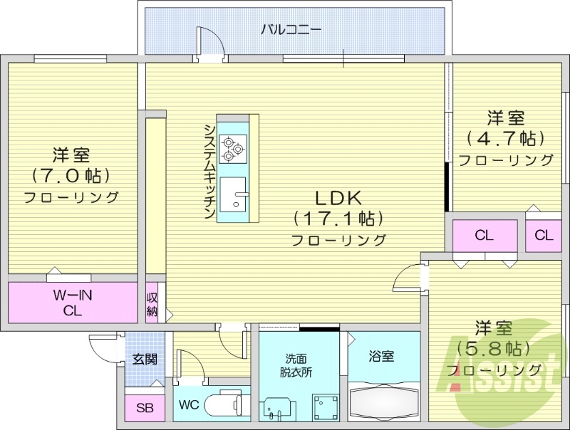 3LDK、都市ガス、エアコン、追い焚き、浴室乾燥機