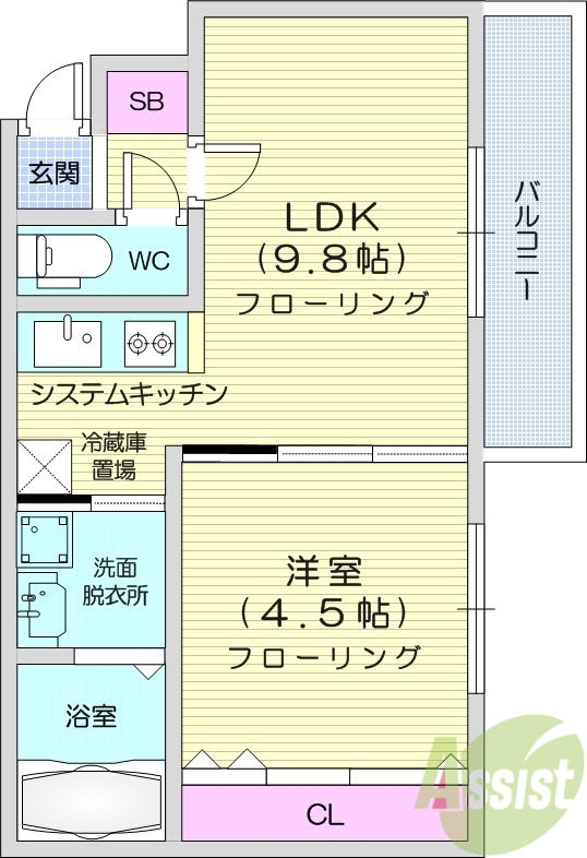 1LDK、都市ガス、エアコン、システムキッチン、独立洗面台