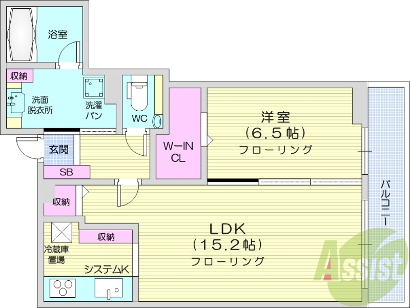 1LDK、都市ガス、追い焚き、システムキッチン