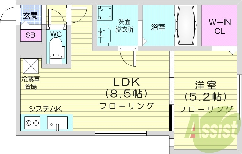 1LDK、エアコン、システムキッチン、灯油暖房、独立洗面台