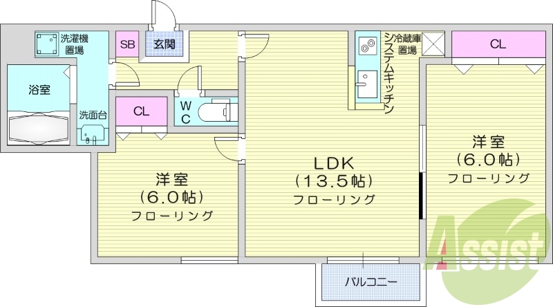 2LDK、対面キッチン、IHキッチン、エアコン、オートロック