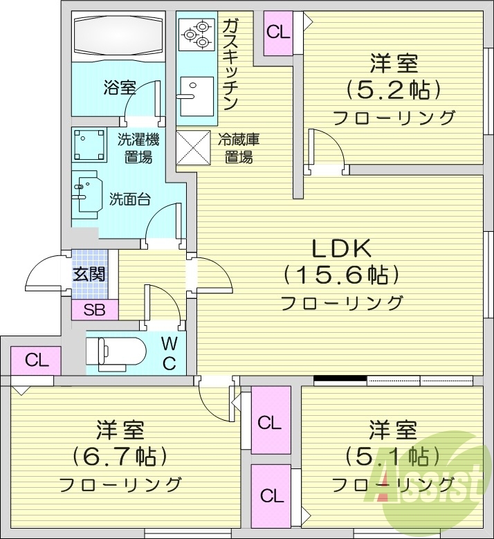 3LDK、都市ガス、エアコン、追い焚き、浴室乾燥機