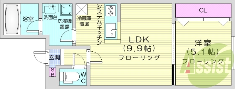 1LDK、エアコン、システムキッチン、ネット無料