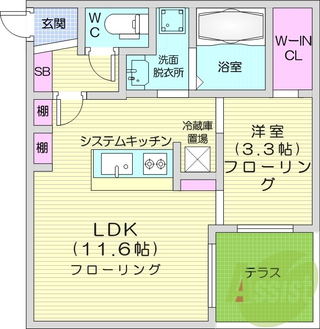 1LDK、都市ガス、エアコン、浴室乾燥機、エレベーター