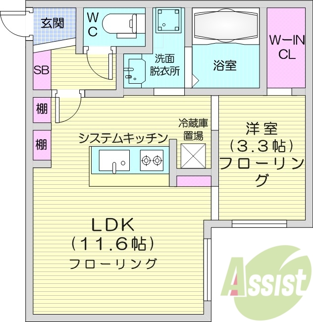 1LDK、都市ガス、エアコン、浴室乾燥機、エレベーター