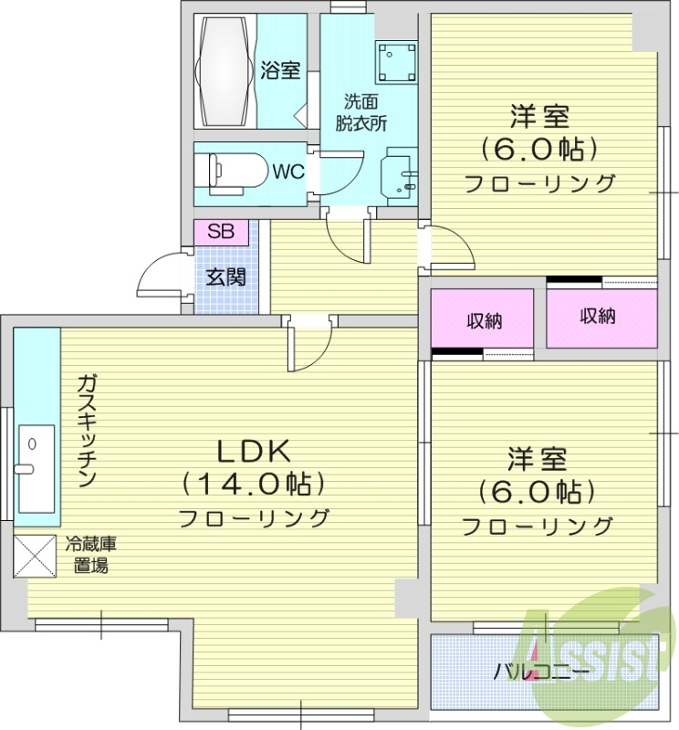 2LDK、エアコン、都市ガス暖房、シャンプードレッサー
