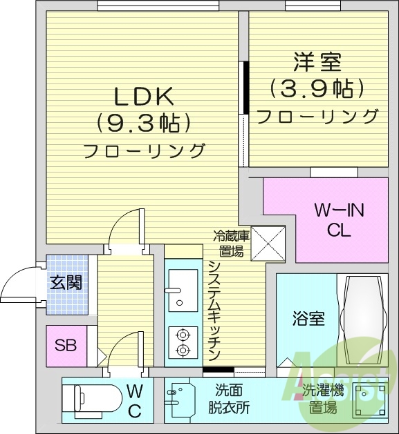 1LDK、エアコン、浴室乾燥機、灯油暖房、システムキッチン