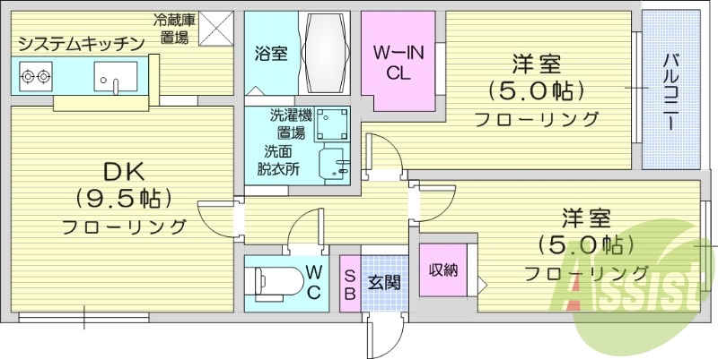 2LDK、都市ガス、ペット可、エアコン、シャワートイレ