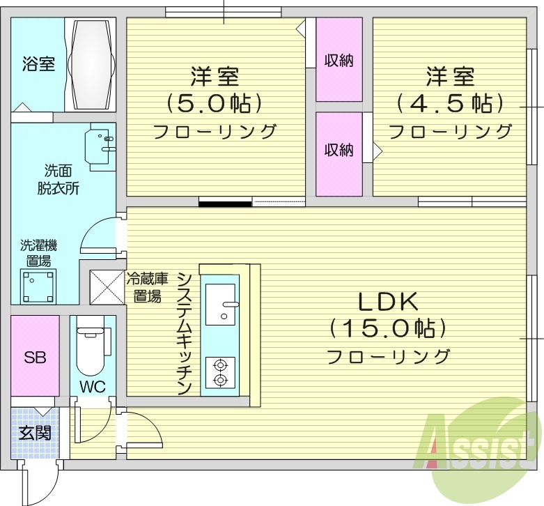 2LDK、システムキッチン、エアコン、灯油暖房