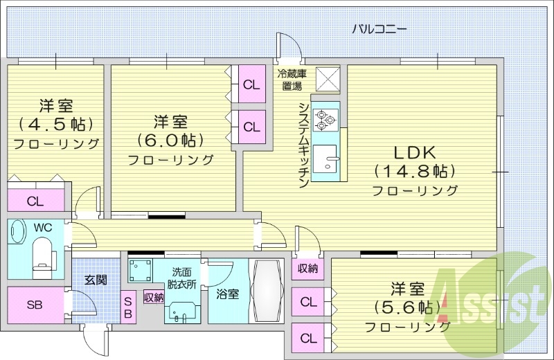 3LDK、浴室乾燥機、浴室暖房、バストイレ別